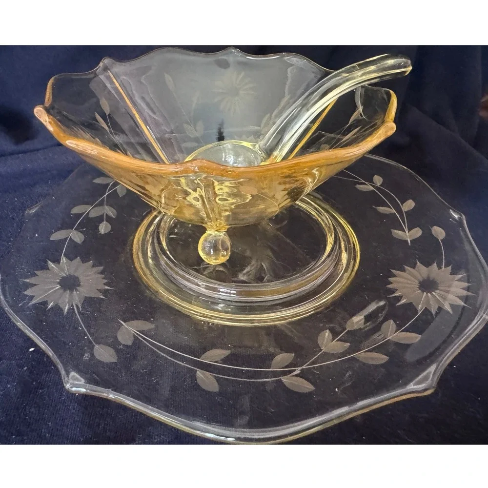 Vintage Yellow Depression Glass Etched Floral Bowl Underplate Ladle Set  MCM